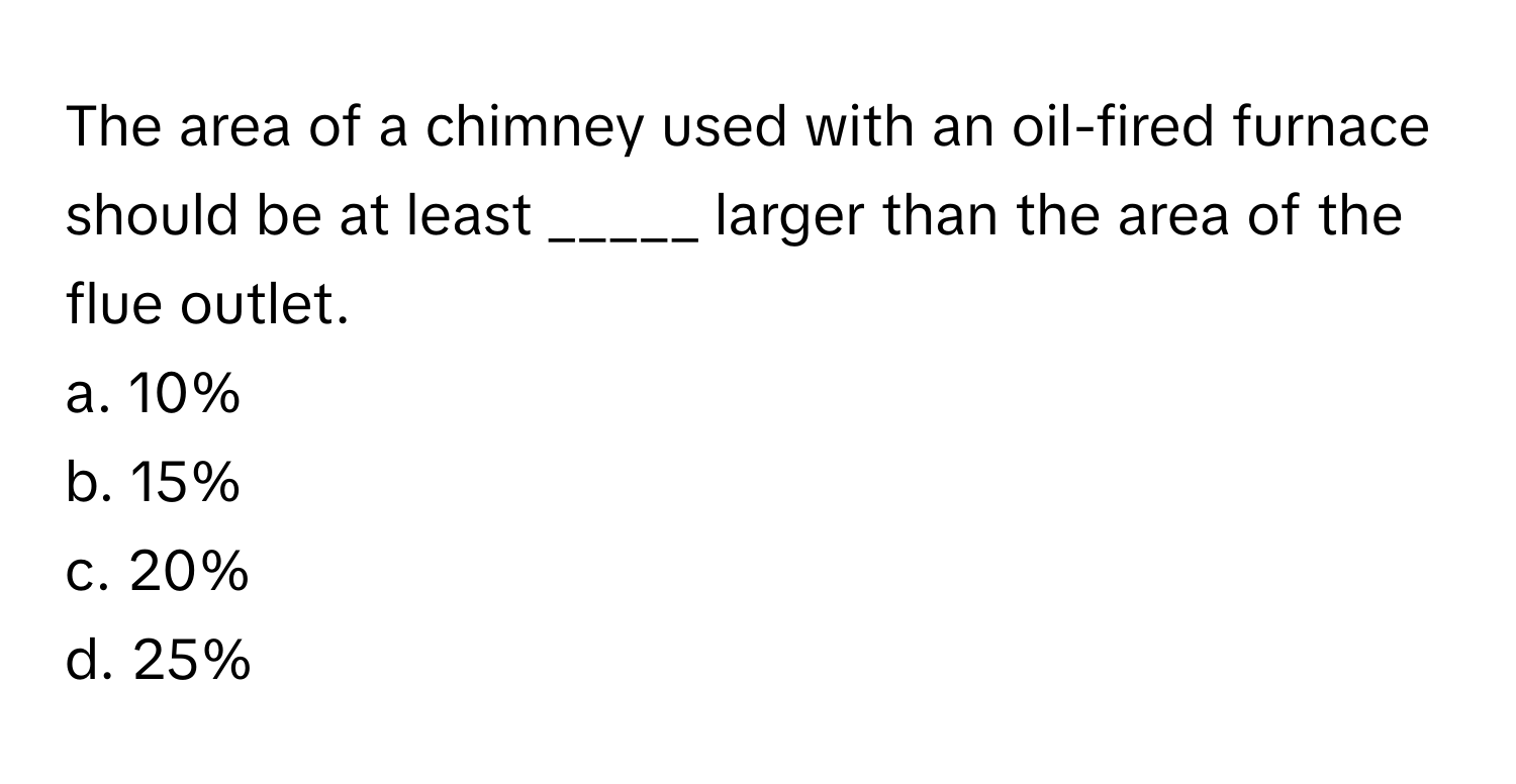 The area of a chimney used with an oil-fired furnace should be at least _____ larger than the area of the flue outlet. 

a. 10%
b. 15%
c. 20%
d. 25%