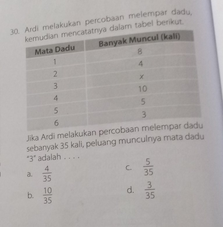 3elakukan percobaan melempar dadu,
m tabel berikut.
Jika Ardi melak
sebanyak 35 kali, peluang munculnya mata dadu
“ 3 ” adalah . . . .
a.  4/35 
C.  5/35 
b.  10/35 
d.  3/35 