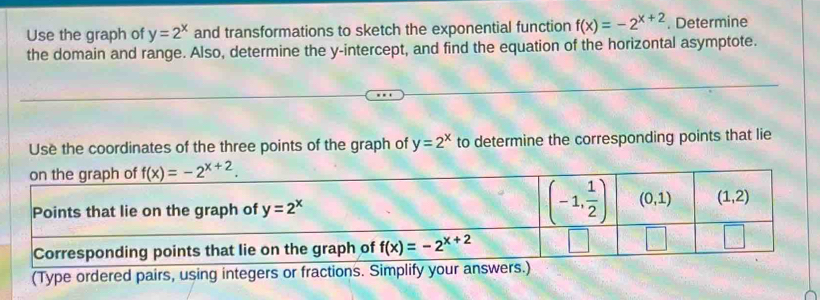 Use the graph of y=2^x and transformations to sketch the exponential function f(x)=-2^(x+2). Determine
the domain and range. Also, determine the y-intercept, and find the equation of the horizontal asymptote.
Use the coordinates of the three points of the graph of y=2^x to determine the corresponding points that lie
(Type ordered pairs, using integers or fractions. Simplif