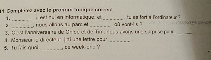 Complétez avec le pronom tonique correct. 
1. _, il est nul en informatique, et _ tu es fort à l'ordinateur ? 
2. _, nous allons au parc et _, où vont-ils ? 
3. C'est l'anniversaire de Chloé et de Tim, nous avons une surprise pour _. 
4. Monsieur le directeur, j'ai une lettre pour _. 
5. Tu fais quoi_ , ce week-end ?