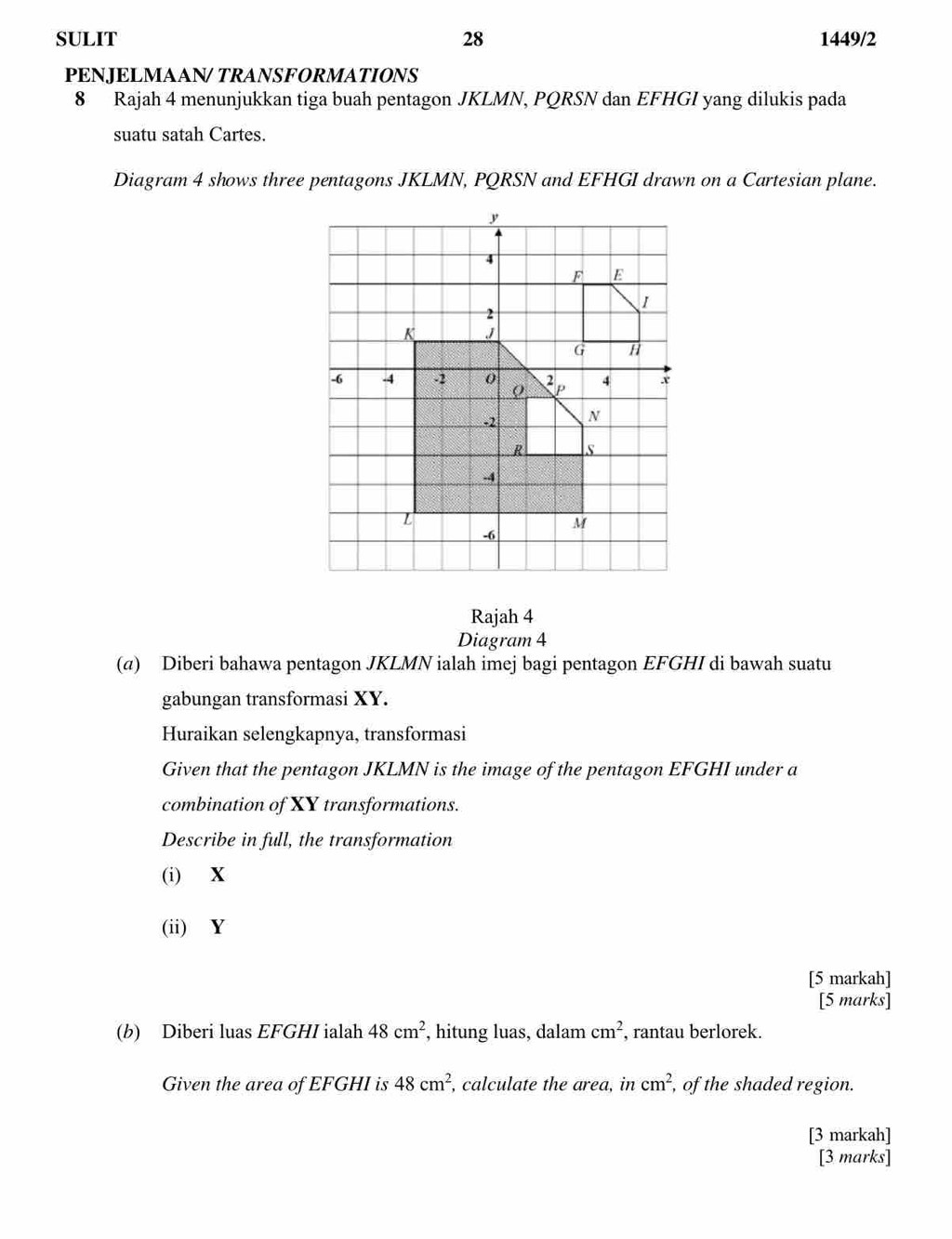 SULIT 28 1449/2 
PENJELMAAN/ TRANSFORMATIONS 
8 Rajah 4 menunjukkan tiga buah pentagon JKLMN, PQRSN dan EFHGI yang dilukis pada 
suatu satah Cartes. 
Diagram 4 shows three pentagons JKLMN, PQRSN and EFHGI drawn on a Cartesian plane. 
Rajah 4 
Diagram 4 
(α) Diberi bahawa pentagon JKLMN ialah imej bagi pentagon EFGHI di bawah suatu 
gabungan transformasi XY. 
Huraikan selengkapnya, transformasi 
Given that the pentagon JKLMN is the image of the pentagon EFGHI under a 
combination of XY transformations. 
Describe in full, the transformation 
(i) X
(ii) Y
[5 markah] 
[5 marks] 
(b) Diberi luas EFGHI ialah 48cm^2 , hitung luas, dalam cm^2 , rantau berlorek. 
Given the area of EFGHI is 48cm^2 , calculate the area, in cm^2 , of the shaded region. 
[3 markah] 
[3 marks]