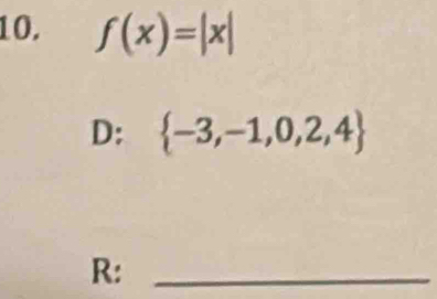 f(x)=|x|
D:  -3,-1,0,2,4
R:_