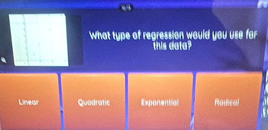 What type of regression would you use for
this data?
Linear Quadratic Exponential Radical