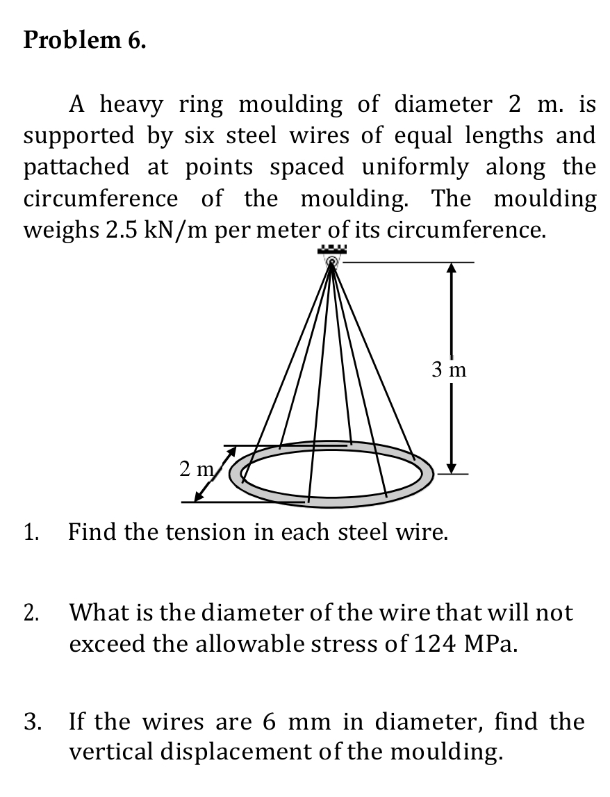 Problem 6. 
A heavy ring moulding of diameter 2 m. is 
supported by six steel wires of equal lengths and 
pattached at points spaced uniformly along the 
circumference of the moulding. The moulding 
weighs 2.5 kN/m per meter of its circumference. 
1. Find the tension in each steel wire. 
2. What is the diameter of the wire that will not 
exceed the allowable stress of 124 MPa. 
3. If the wires are 6 mm in diameter, find the 
vertical displacement of the moulding.