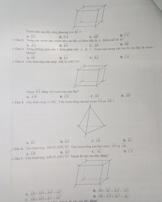 Vectơ nào sau đây cùng phương với vector BC
A. vector DC B. vector DA C. vector BB' D. vector C'C
Câu 2. Trong các vectơ sau, vecto nào sau đây có điểm đầu là A, điểm cuối là B?
A. vector AA B. vector BA C. vector AB D. overline BB
Câu 3. Trong không gian cho 3 điểm phân biệt A, B. C. Vectơ nào trong các vec tơ sau đây là vectơ -
không?
A. vector BB B. vector BA C. vector BA D. overline CA
* Câu 4. Cho hình hộp chữ nhật ABCD A'B'C'D'.
Vecto vector BA bằng với vectơ nào sau đây?
A. vector A'B' B. vector CD C. vector BC D. vector AB
# Câu 5. Cho hình chóp S.ABC . Tìm vectơ tổng của hai vectơ vector SA và vector AB ?
A. overline BS B. vector BA C. vector SB D. vector SC
* Câu 6. Cho hình hộp ABCD. A'B'C'D'. Tim vectơ tổng của hai vectơ vector AD và vector AB.
A. vector DB B. vector BD C. vector AC D. overline CA
* Câu 7. Cho hình hộp ABCD. A'B'C'D'. Mệnh đề nào sau đây đủng?
A. vector AB+vector AD+vector AA'=vector AC'. B. vector AB+vector AC+vector AA'=vector AD.
C. vector AB+vector AD+vector AC=vector AC. D. vector AB+vector AD+vector AC=vector AC.
ánh đề nàn sau đây đún g