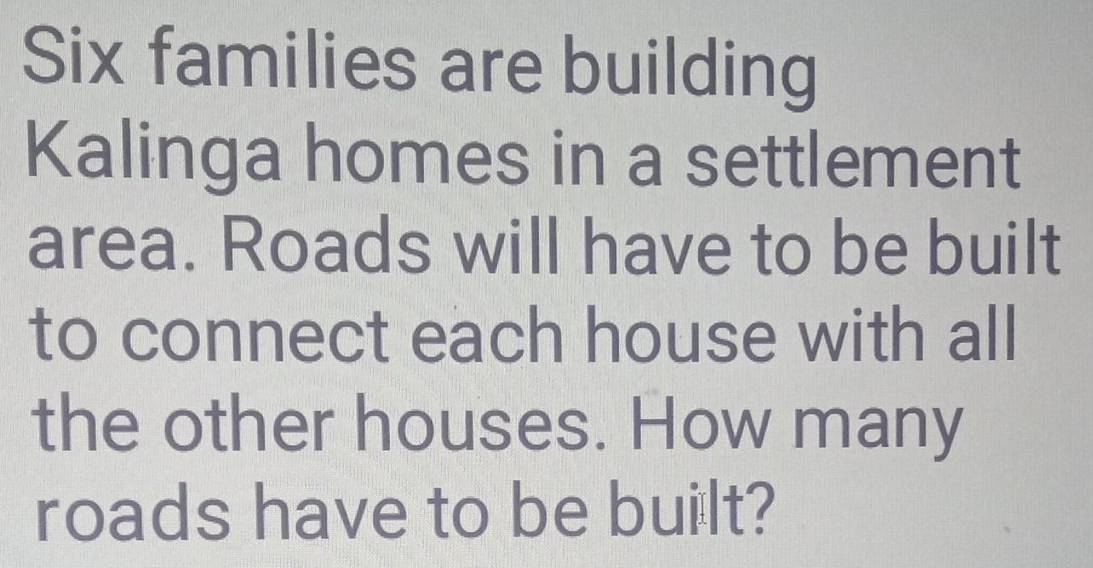 Six families are building 
Kalinga homes in a settlement 
area. Roads will have to be built 
to connect each house with all 
the other houses. How many 
roads have to be built?