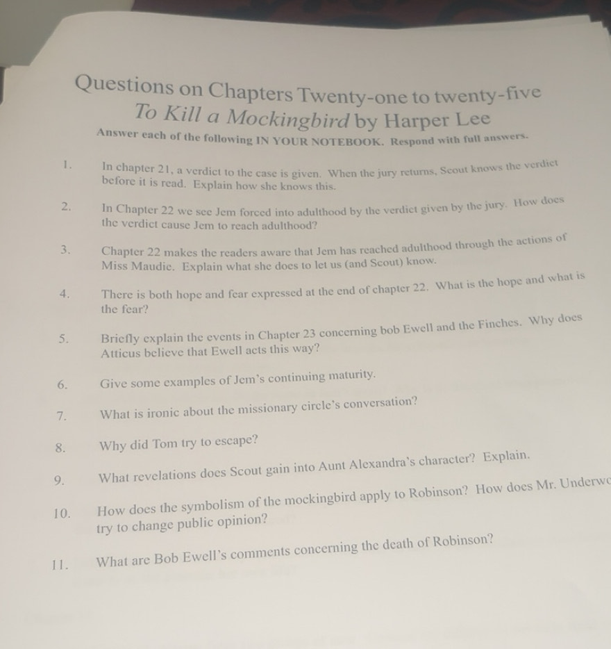 Solved: Questions on Chapters Twenty-one to twenty-five To Kill a ...