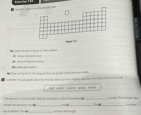 Figure 13.1 shows 
Figure 13.1 
(a) Colour the part of Figure 13.1 that contains 
(1) Group I elements blue; 
(ii) Group VII elements green; 
(iii) noble gases yellow. 
(b) Draw on Figure 13.1, the diagonal line that divides metals from non-metals. 
2 Complete the paragraph about the Periodic Table. Each term may be used once, more than once or not at all. 
shell proton neutron groups periods 
The elements in the Periodic Table are arranged in order of increasing (a) _number. The Periodic Table 
divides the elements into (b) _and (c)_ The (d) _run from 
top to bottom. The (e)_ run from left to right.