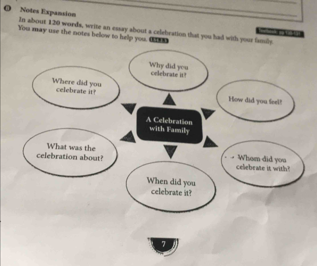 Notes Expansion 
In about 120 words, write an essay about a celebration that you had with your famil 
You may use the notes below to help you. 
7