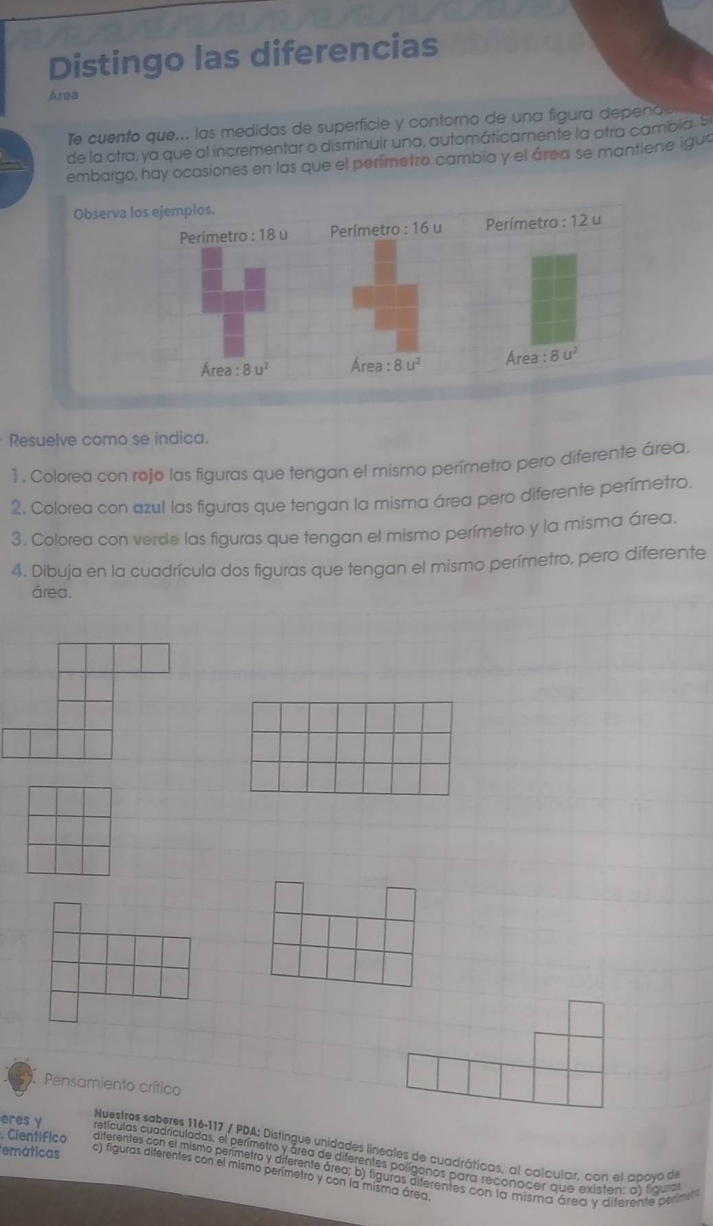 Distingo las diferencias
Area
Te cuento que... las medidas de superficie y contorno de una figura depende
de la otra, ya que al incrementar o disminuir una, automáticamente la otra cambia. S
embargo, hay ocasiones en las que el perímetro cambia y el área se mantiene iguó
Observa los ejemplos.
Perímetro : 18 u Perímetro : 16 u Perímetro : 12 u
Área : 8u^2
Área : 8u^2
Área : 8u^2
Resuelve como se indica.
1, Colorea con rojo las figuras que tengan el mismo perímetro pero diferente área.
2. Colorea con azul las figuras que tengan la misma área pero diferente perímetro.
3, Colorea con verde las figuras que tengan el mismo perímetro y la misma área.
4. Dibuja en la cuadrícula dos figuras que tengan el mismo perímetro, pero diferente
área.
Pensamiento crítico
Nuestros saberes 116-117 / PDA: Distingue unidades lineales de cuadráticas, al calcular, con el apoyo de
temáticas
eres y retículas cuadriculadas, el perímetro y área de diferentes polígonos para reconocer que existen: a) figura
. Cientifico diferentes con el mismo perímetro y diferente área; b) figuras diferentes con la misma área y diferente perimet
c) figuras diferentes con el mismo perímetro y con la misma área.