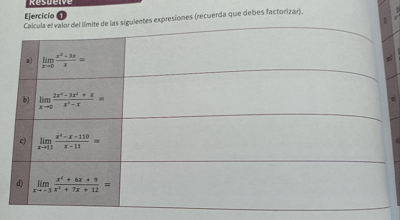 Resuelve
Ejercicio 1
entes expresiones (recuerda que debes factorizar).
0