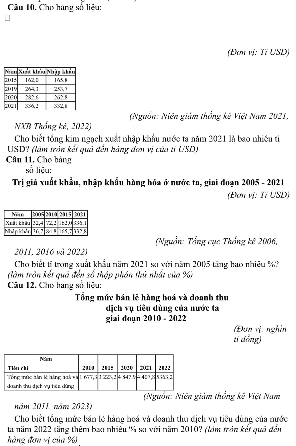 Cho bảng số liệu: 
(Đơn vị: Tỉ USD) 
(Nguồn: Niên giám thống kê Việt Nam 2021, 
NXB Thổng kê, 2022) 
Cho biết tổng kim ngạch xuất nhập khẩu nước ta năm 2021 là bao nhiêu tỉ 
USD? (làm tròn kết quả đến hàng đơn vị của tỉ USD) 
Câu 11. Cho bảng 
số liệu: 
Trị giá xuất khẩu, nhập khẩu hàng hóa ở nước ta, giai đoạn 2005 - 2021 
(Đơn vị: Tỉ USD) 
(Nguồn: Tổng cục Thống kê 2006, 
2011, 2016 và 2022) 
Cho biết tỉ trọng xuất khẩu năm 2021 so với năm 2005 tăng bao nhiêu %? 
(làm tròn kết quả đến số thập phân thứ nhất của %) 
Câu 12. Cho bảng số liệu: 
Tổng mức bán lẻ hàng hoá và doanh thu 
dịch vụ tiêu dùng của nước ta 
giai đoạn 2010 - 2022 
(Đơn vị: nghìn 
tỉ đồng) 
(Nguồn: Niên giám thống kê Việt Nam 
năm 2011, năm 2023) 
Cho biết tổng mức bán lẻ hàng hoá và doanh thu dịch vụ tiêu dùng của nước 
ta năm 2022 tăng thêm bao nhiêu % so với năm 2010? (làm tròn kết quả đến 
hàng đơn vị của %)