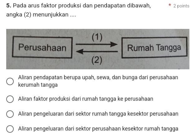 Pada arus faktor produksi dan pendapatan dibawah, 2 points
angka (2) menunjukkan ....
(1)
Perusahaan Rumah Tangga
(2)
Aliran pendapatan berupa upah, sewa, dan bunga dari perusahaan
kerumah tangga
Aliran faktor produksi dari rumah tangga ke perusahaan
Aliran pengeluaran dari sektor rumah tangga kesektor perusahaan
Aliran pengeluaran dari sektor perusahaan kesektor rumah tangga