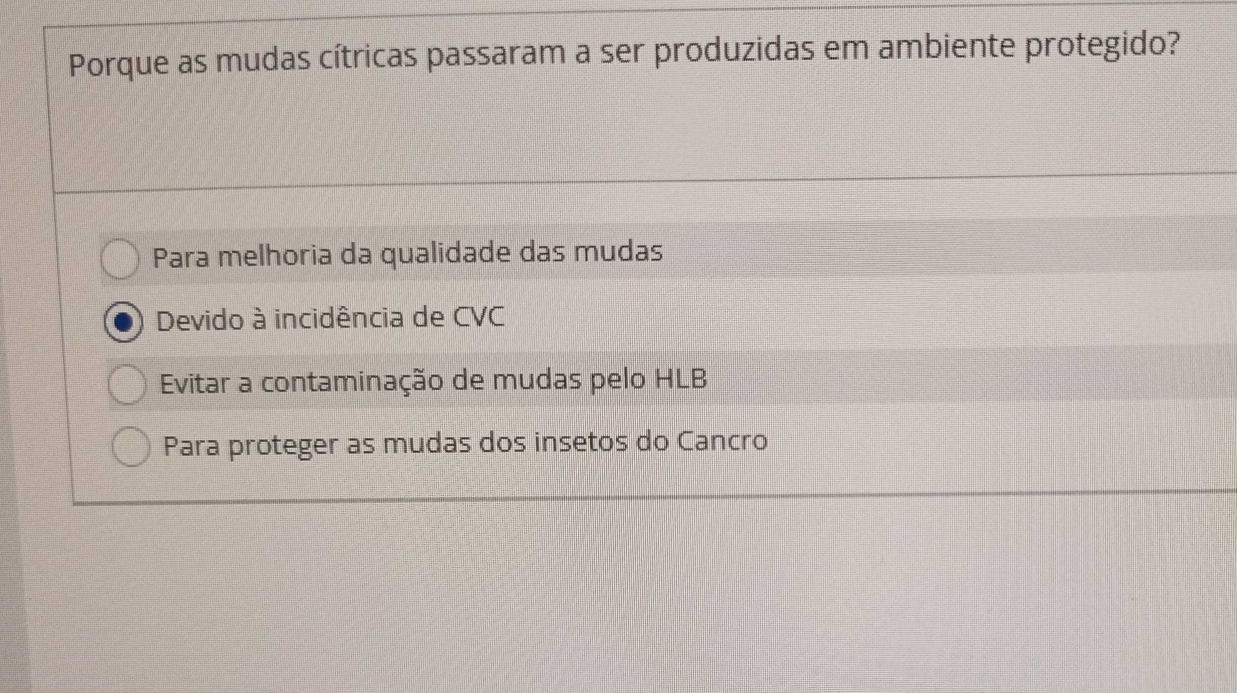 Porque as mudas cítricas passaram a ser produzidas em ambiente protegido?
Para melhoria da qualidade das mudas
Devido à incidência de CVC
Evitar a contaminação de mudas pelo HLB
Para proteger as mudas dos insetos do Cancro