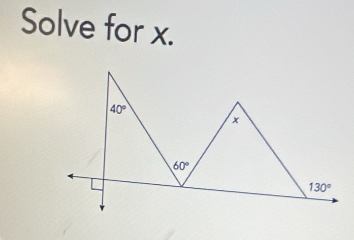 Solve for x.
40°
x
60°
130°