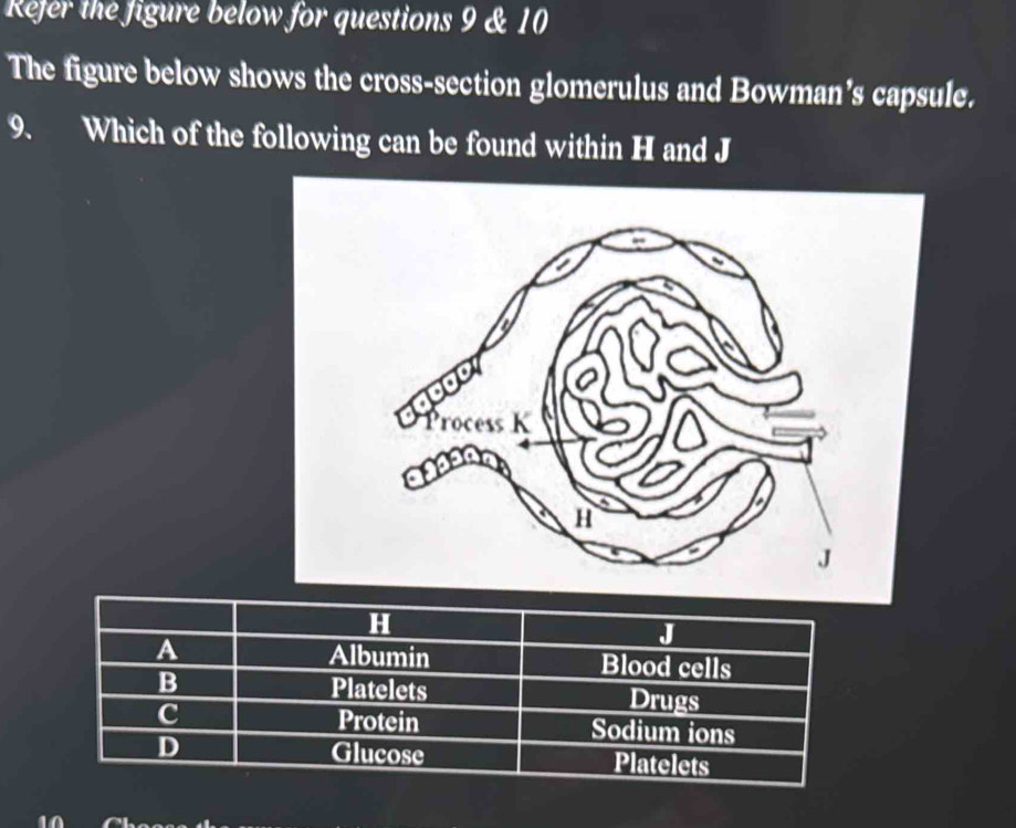 Refer the figure below for questions 9 & 10
The figure below shows the cross-section glomerulus and Bowman’s capsule.
9. Which of the following can be found within H and J
H
J
a Albumin Blood cells
B
Platelets Drugs
Protein
C Sodium ions
Glucose
D Platelets