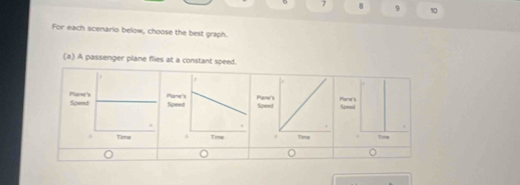 7 8 9 10 
For each scenario below, choose the best graph. 
(a) A passenger plane flies at a constant speed.