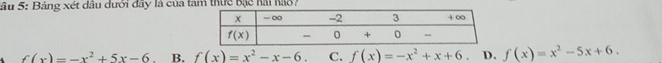 Sầu 5: Bảng xét dầu dưới đây là của ta thức bạc hải hao?
f(x)=-x^2+5x-6 B. f(x)=x^2-x-6 C. f(x)=-x^2+x+6 D. f(x)=x^2-5x+6.