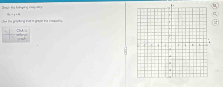 Graph the following inequality
6x+y<6</tex> 
Q 
Use the graphing tool to graph the inequality. 
B 
Click to 
enlarge 
graph