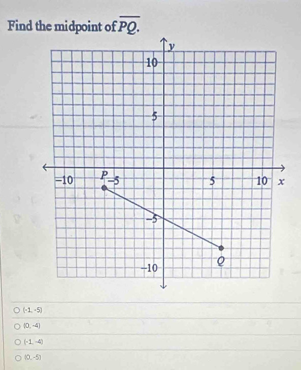 Find the midpoint of overline PQ.
(-1,-5)
(0,-4)
(-1,-4)
(0,-5)