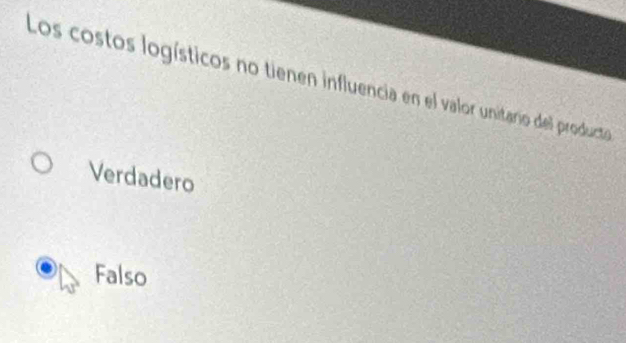 Los costos logísticos no tienen influencia en el valor unitario del producto
Verdadero
Falso