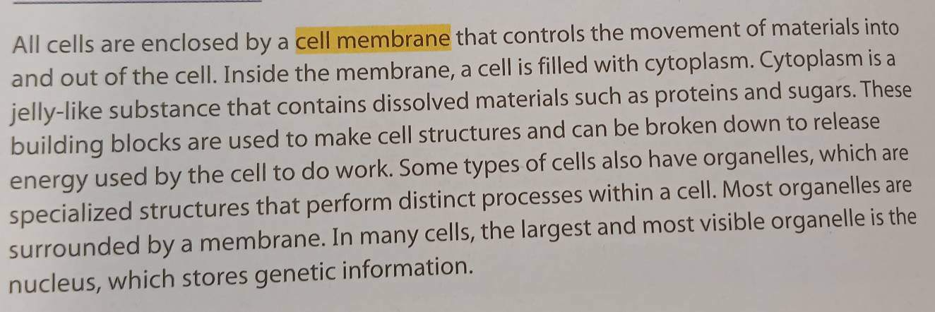 All cells are enclosed by a cell membrane that controls the movement of materials into 
and out of the cell. Inside the membrane, a cell is filled with cytoplasm. Cytoplasm is a 
jelly-like substance that contains dissolved materials such as proteins and sugars. These 
building blocks are used to make cell structures and can be broken down to release 
energy used by the cell to do work. Some types of cells also have organelles, which are 
specialized structures that perform distinct processes within a cell. Most organelles are 
surrounded by a membrane. In many cells, the largest and most visible organelle is the 
nucleus, which stores genetic information.