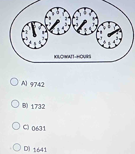 A) 9742
B) 1732
C) 0631
D) 1641