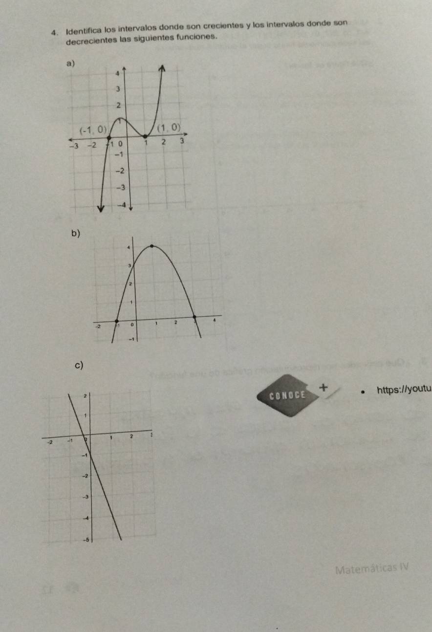 Identifica los intervalos donde son crecientes y los intervalos donde son
decrecientes las siguientes funciones.
b)
c)
CONOCE + https://youtu
Matemáticas IV