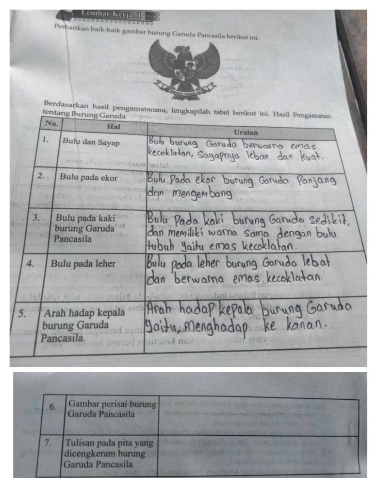 Lembar Kerjas 1
8 o o o o o ο o oo 6 δ δ o δ · ο ○
Perhatikan baik-baik gambar burung Garuda Pancasila berikut ini. 
Berdasarkan hasil pengamatanmu,