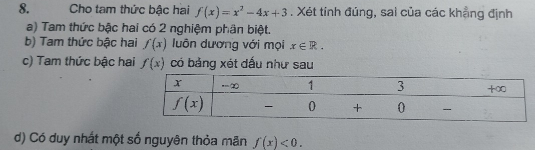 Cho tam thức bậc hai f(x)=x^2-4x+3. Xét tính đúng, sai của các khẳng định
a) Tam thức bậc hai có 2 nghiệm phân biệt.
b) Tam thức bậc hai f(x) luôn dương với mọi x∈ R.
c) Tam thức bậc hai f(x) có bảng xét dấu như sau
d) Có duy nhất một số nguyên thỏa mãn f(x)<0.