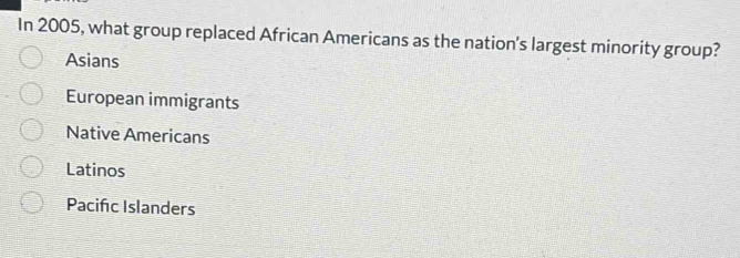 In 2005, what group replaced African Americans as the nation's largest minority group?
Asians
European immigrants
Native Americans
Latinos
Pacifc Islanders