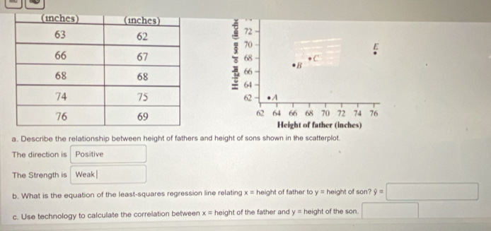 72
70
E
68 C 
B
66
64
62 A
62 64 66 68 70 72 74 76
Height of father (inches) 
a. Describe the relationship between height of fathers and height of sons shown in the scatterplot. 
The direction is Positive 
The Strength is Weak| 
b. What is the equation of the least-squares regression line relating x=he ight of father to y= height of son?9=□
c. Use technology to calculate the correlation between x= height of the father and y= height of the son. □