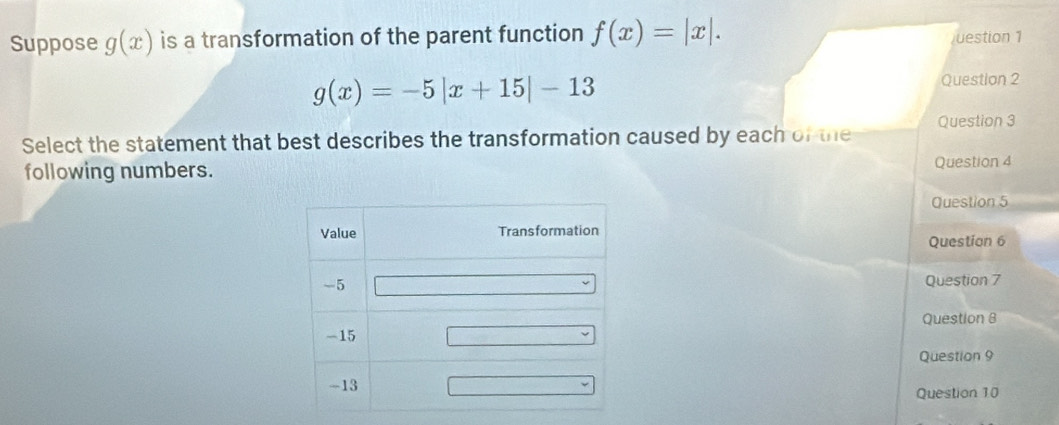 Suppose g(x) is a transformation of the parent function f(x)=|x|. uestion 1
g(x)=-5|x+15|-13
Question 2 
Select the statement that best describes the transformation caused by each of the Question 3 
following numbers. Question 4 
Question 5 
Question 6 
Question 7 
Question 8 
Question 9 
Question 10