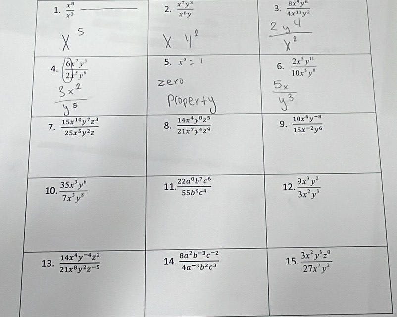  x^8/x^3  2.  x^7y^3/x^6y  3.  8x^9y^6/4x^(11)y^2 