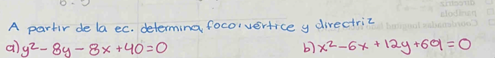 A partir de la ec. determing focoivertice y directriz
a) y^2-8y-8x+40=0 b) x^2-6x+12y+69=0