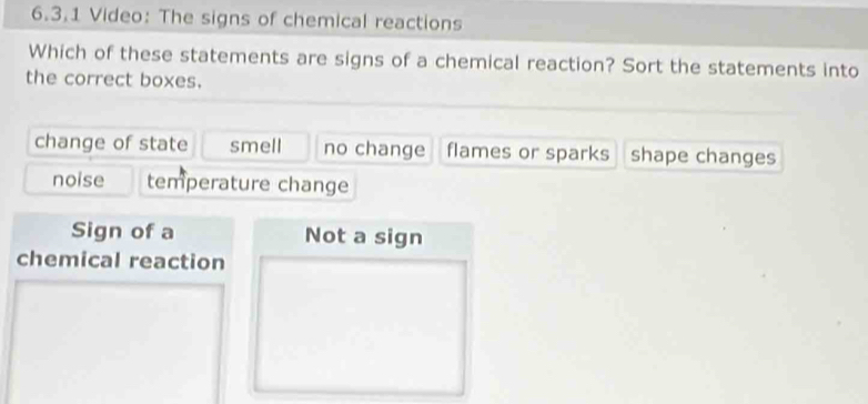 Video: The signs of chemical reactions
Which of these statements are signs of a chemical reaction? Sort the statements into
the correct boxes.
change of state smell no change flames or sparks shape changes
noise temperature change
Sign of a Not a sign
chemical reaction