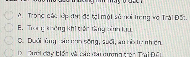 tong tim thay o dau?
A. Trong các lớp đất đá tại một số nơi trong vỏ Trái Đất.
B. Trong không khí trên tầng bình lưu.
C. Dưới lòng các con sông, suối, ao hồ tự nhiên.
D. Dưới đáy biển và các đai dương trên Trái Đất.