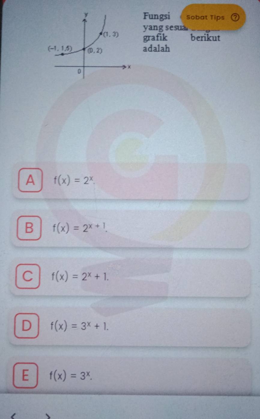 Fungsi Sobat Tips ②
yang sesua.
grafik berikut
adalah
A f(x)=2^x.
B f(x)=2^(x+1).
C f(x)=2^x+1.
D f(x)=3^x+1.
E f(x)=3^x.