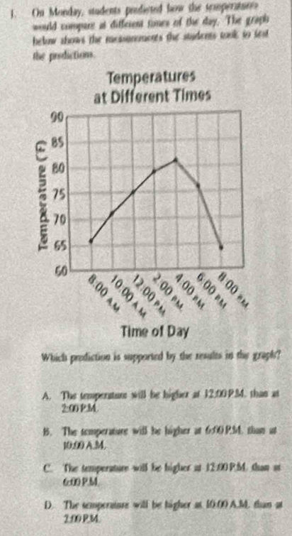 On Monday, students prodicted how the semperatures
would compare at different times of the day. The graph
below shows the measonments the students took to fest
the prodictions.
Which prediction is supported by the results in the graph?
A. The temperature will be higher at 12.00P34. than at
2:00 P.M.
B. The temperature will be higher at 6:00PM. than at
10:00 A.M.
C. The temperature will be higher at 12:00P.M. than st
6c00 P. 54
D. The semperaiuse will be higher at 10.00 A.M. than at
2:00 PM.