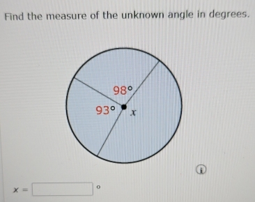 Find the measure of the unknown angle in degrees.
D
x=□°