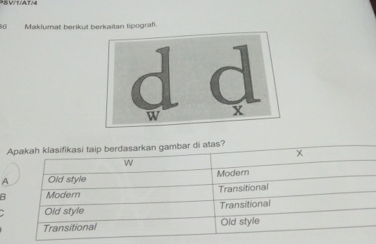 PSV/1/AT/4
6 Maklumat berikut berkaitan tipografi.
Apakah klasifikasi taip berdasarkan gambar di atas?
X
W
A Old style Modern
B Modern Transitional
: Old style Transitional
Transitional Old style