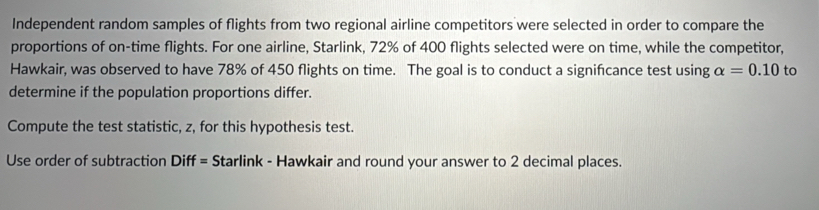 Independent random samples of flights from two regional airline competitors were selected in order to compare the 
proportions of on-time flights. For one airline, Starlink, 72% of 400 flights selected were on time, while the competitor, 
Hawkair, was observed to have 78% of 450 flights on time. The goal is to conduct a signifcance test using alpha =0.10 to 
determine if the population proportions differ. 
Compute the test statistic, z, for this hypothesis test. 
Use order of subtraction Diff= Starlink - Hawkair and round your answer to 2 decimal places.