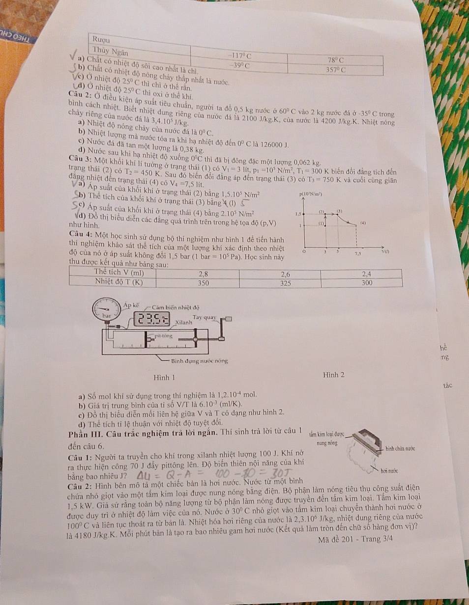 OH
.
thì chỉ ở thể rắn
d) Ở nhiệt dpartial 25°C thì oxi ở thể khí
Câu 2: Ở điều kiện áp suất tiêu chuẩn, người ta đồ 0,5 kg nước ở 60°C vào 2 kg nước đá sigma -35°C trong
bình cách nhiệt. Biết nhiệt dung riêng của nước đá là 2100 J/kg.K, của nước là 4200 J/kg.  nóng
chảy riêng của nước đá là 3,4.10^5J/kg
a) Nhiệt độ nóng chảy của nước đá là 0^0C.
b) Nhiệt lượng mà nước tỏa ra khi hạ nhiệt độ đến 0^0 C là 126000 J.
c) Nước đá đã tan một lượng là 0,38 kg.
d) Nước sau khi hạ nhiệt độ xuống 0°C thì đã bị đông đặc một lượng 0,062 kg.
Câu 3: Một khối khí lí tưởng ở trạng thái (1) T_2=450K K. Sau đó biến đổi đẳng áp đến trạng thái (3) có T_3=750K và cuối cùng giān
c6V_1=3lit,p_1=10^5N/m^2,T_1=300 00 K biến đổi đẳng tích đến
trạng thái (2) có đăng nhiệt đến trạng thái (4) có V_4=7, 5 lit.
Và) Áp suất của khối khí ở trạng thái (2) bằng 1,5.10^5N/m^2 p(10²N/m²)
Sb) Thể tích của khối khi ở trạng thái (3) bằng 4 (1) 5
So  Áp suất của khối khí ở trạng thái (4) bằng 2.10^5N/m^2 1,5 (2) (3)
d) Đồ thị biểu diễn các đẳng quá trình trên trong hệ tọa dhat Q(p,V) 1 (1) (4)
như hình.
Câu 4: Một học sinh sử dụng bộ thí nghiệm như hình 1 đề tiển hành
thí nghiệm khảo sát thể tích của một lượng khí xác định theo nhiệt 。 3 5 7.5 v
độ của nó ở áp suất không đổi 1,5 bar (1 ban =10^5 Pa) Học sinh này
thu được kết quả như bảng sau:
Thể tích V(ml) 2,6 2,4
2,8
Nhiệt độ T(K) 350 325 300
Ap kế  Cám biến nhiệt độ
Tay quay
23.5 Xilanh
hể
* Bình đụng nước nóng
ng
Hình 1 Hình 2
tác
a) Số mol khí sử dụng trong thí nghiệm là 1,2.10^(-4) mol.
b) Giá trị trung bình của tỉ số V/T là 6 10^(-3) (ml/K).
c) Đồ thị biểu diễn mối liên hệ giữa V và T có dạng như hình 2.
d) Thể tích tỉ lệ thuận với nhiệt độ tuyệt đổi.
Phần III. Câu trắc nghiệm trả lời ngắn. Thí sinh trà lời từ câu l tâm kim loại được
đến câu 6. nung nóng bình chứa nước
Câu 1: Người ta truyền cho khí trong xilanh nhiệt lượng 100 J. Khí nở
ra thực hiện công 70 J đầy pittông lên. Độ biến thiên nội năng của khí
hơi nước
bằng bao nhiêu J?
Câu 2: Hình bên mô tả một chiếc bản là hơi nước. Nước từ một bình
chứa nhỏ giọt vào một tấm kim loại được nung nóng bằng điện. Bộ phận làm nóng tiêu thụ công suất điện
1.5 kW. Giả sử rằng toàn bộ năng lượng từ bộ phận làm nóng được truyền đến tấm kim loại. Tấm kim loại
được duy trì ở nhiệt độ làm việc của nó. Nước ở 30°C nhỏ giọt vào tấm kim loại chuyền thành hơi nước ở
100°C và liên tục thoát ra từ bản là. Nhiệt hóa hơi riêng của nước là 2,3.10^6 /kg, nhiệt dung riêng của nước
là 4180 J/kg.K. Mỗi phút bàn là tạo ra bao nhiêu gam hơi nước (Kết quả làm tròn đến chữ số hàng đơn vị)?
Mã đề 201 - Trang 3/4