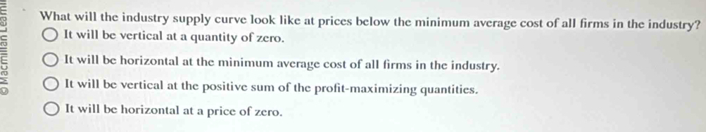 What will the industry supply curve look like at prices below the minimum average cost of all firms in the industry?
It will be vertical at a quantity of zero.
It will be horizontal at the minimum average cost of all firms in the industry.
It will be vertical at the positive sum of the profit-maximizing quantities.
It will be horizontal at a price of zero.