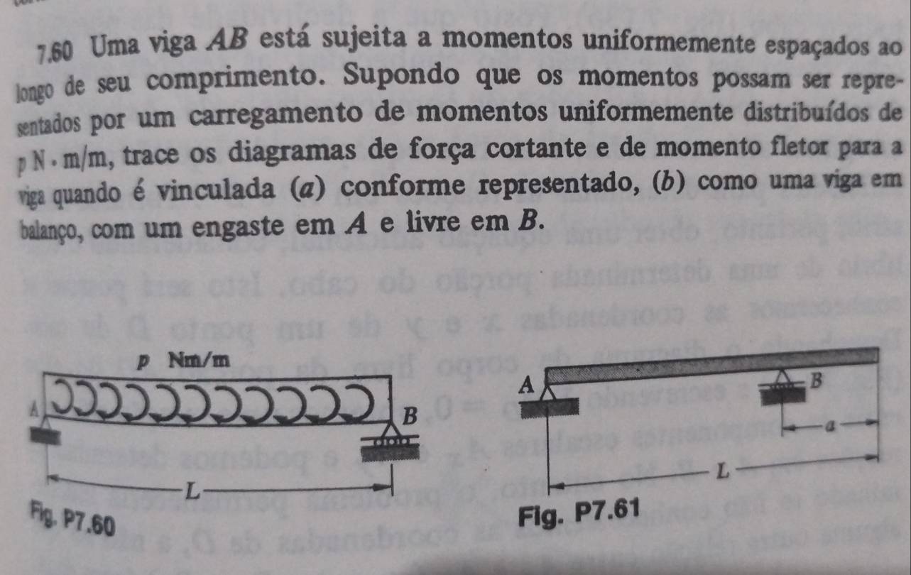 7.60 Uma viga AB está sujeita a momentos uniformemente espaçados ao 
longo de seu comprimento. Supondo que os momentos possam ser repre- 
sentados por um carregamento de momentos uniformemente distribuídos de
p N · m/m, trace os diagramas de força cortante e de momento fletor para a 
viga quando é vinculada (a) conforme representado, (b) como uma viga em 
balanço, com um engaste em A e livre em B. 
Fig. P7.60