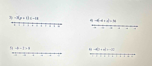 -3(p+1)≤ -18
4) -4(-4+x)>56

5) -b-2>8
6) -4(3+n)>-32