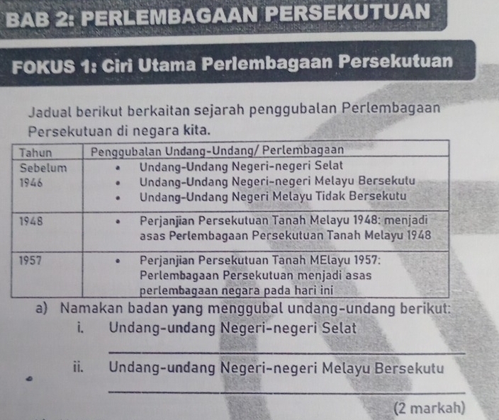 BAB 2: PERLEMBAGAAN PERSEKUTUAN 
FOKUS 1: Ciri Utama Perlembagaan Persekutuan 
Jadual berikut berkaitan sejarah penggubalan Perlembagaan 
Persekutuan di negara kita. 
a) Namakan badan yang menggubal undang-undang berikut: 
i. Undang-undang Negeri-negeri Selat 
_ 
ii. Undang-undang Negeri-negeri Melayu Bersekutu 
_ 
(2 markah)