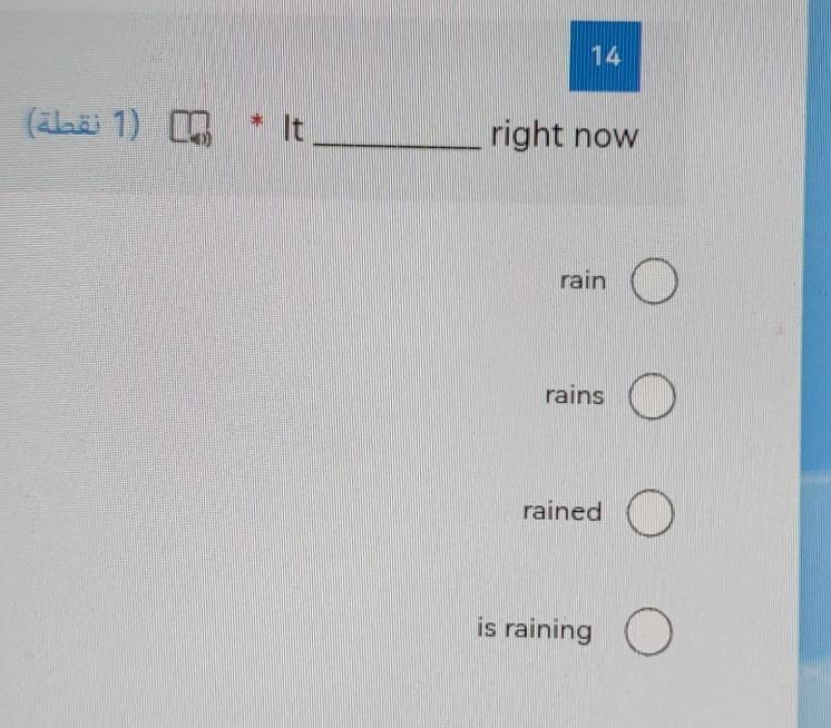 14
(ābäi 1) * It _right now
rain
rains
rained
is raining