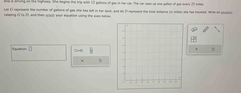 Jina is driving on the highway. She begins the trip with 12 gallons of gas in her car. The car uses up one gallon of gas every 25 miles. 
Let G represent the number of gallons of gas she has left in her tank, and let D represent the total distance (in miles) she has traveled. Write an equation 
relating G to D, and then graph your equation using the axes below. 
Equation: □ × 5
□ =□  □ /□  
×