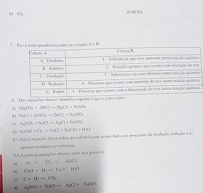 b) Cl_2 d) HClO₄
7. olunas A e B.
.
.
8. Das equações abaixo identífica
a) MgSO_4+2HClto MgCl_2+H_2SO_4
b ) NaCl+ZnSO_4to ZnCl_2+Na_2SO_4
c) AgNO_3+NaClto AgCl+NaNO_3
d) NaOH+Cl_2to NaCl+NaClO+H_2O
8.1.Na(s) equação (ões) redox que identificaste acima indica os processos de oxidação, redução e os
agentes oxidantes e redutores.
9.0.Acerta as equações abaixo, caso seja possível:
a Al+Cl_2to Al_2Cl_3
b) CuO+H_2to Cu+H_2O
c) C+H_2to CH_4
d) AgNO_3+NaClto AgCl+NaNO_3